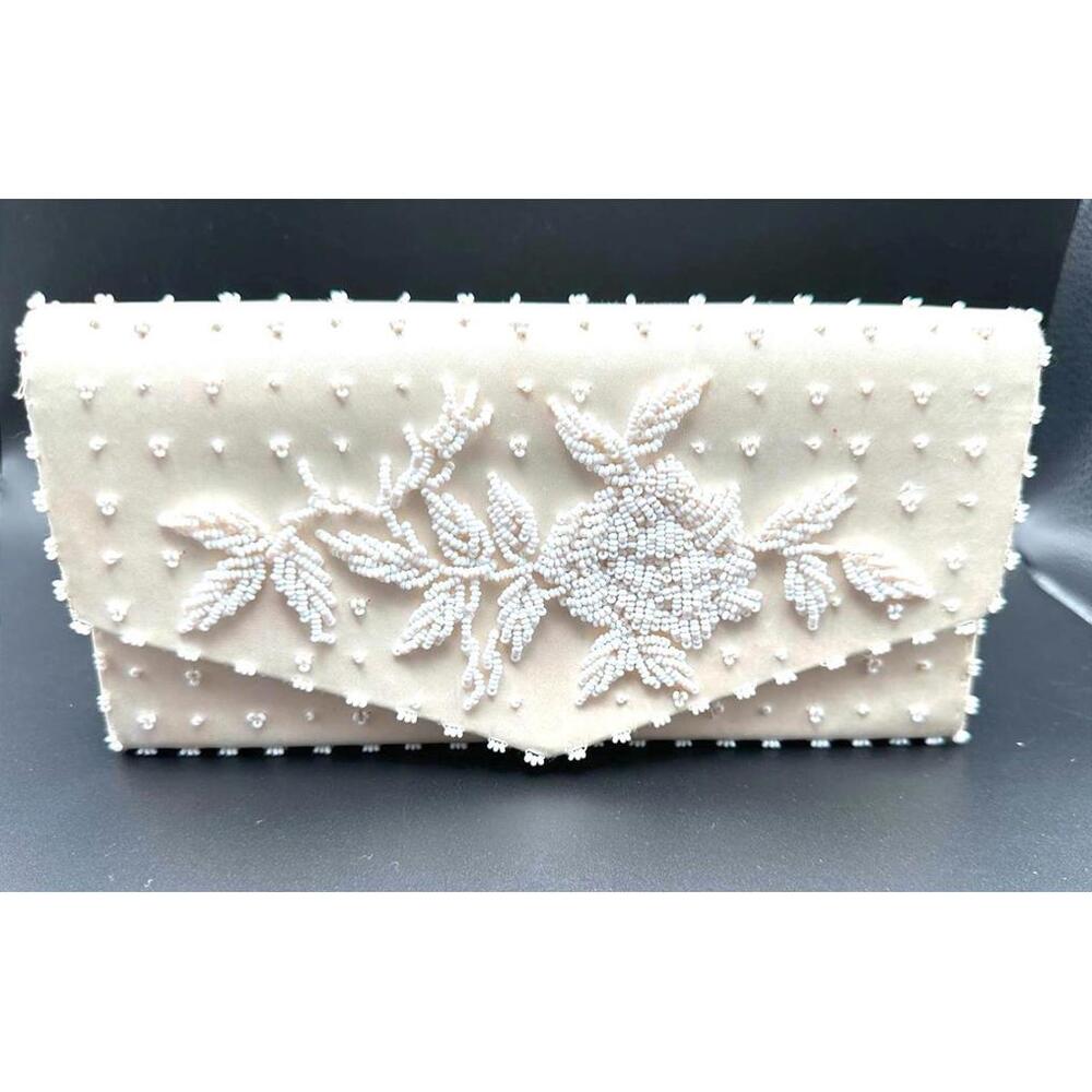 Clutch Elegant Satin Beaded - Cream Floral Design 8.5x4.5"